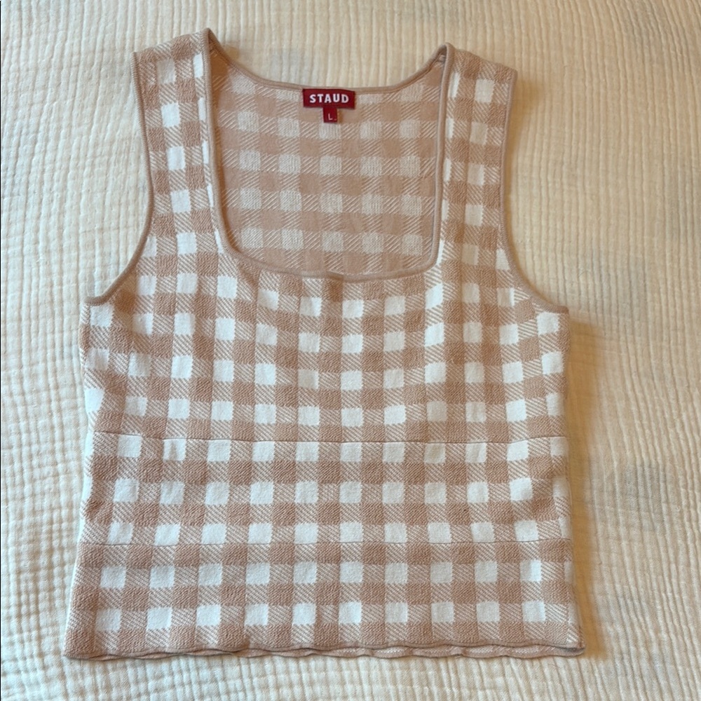 STAUD Cream and White Checkered Sleeveless Top